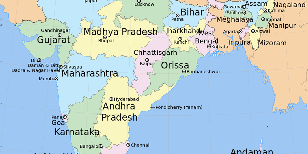 Image: India states and union territories map from wikipedia w:user:Planemad, CC BY-SA 3.0  via Wikimedia Commons