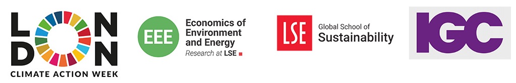 Logos of London Climate Week, STICERD EEE, GSOS, and IGC