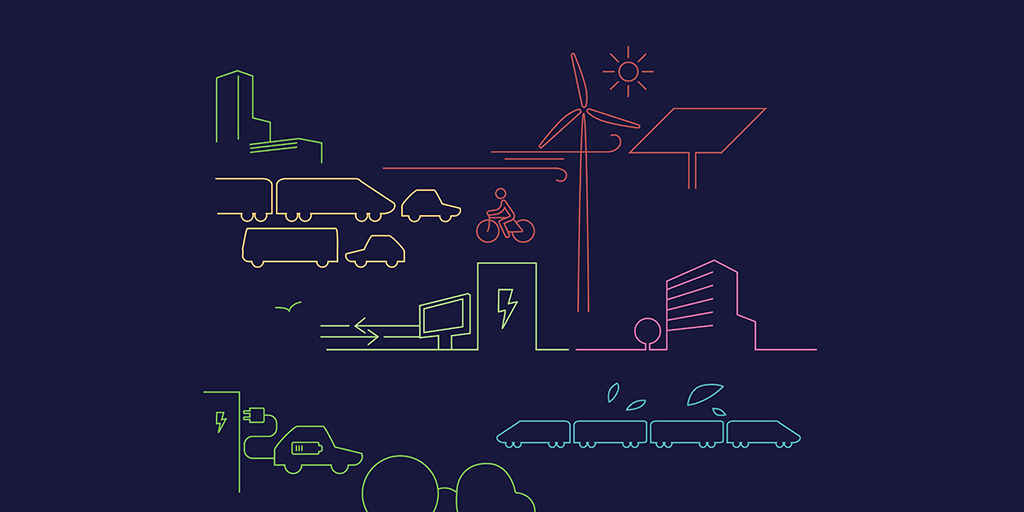 Outlined icons related to CO2 emissions. Photo by Manuel Campagnoli on Unsplash, https://unsplash.com/illustrations/sustainable-city-with-renewable-energy-and-transport-3UFtoTQxg2s